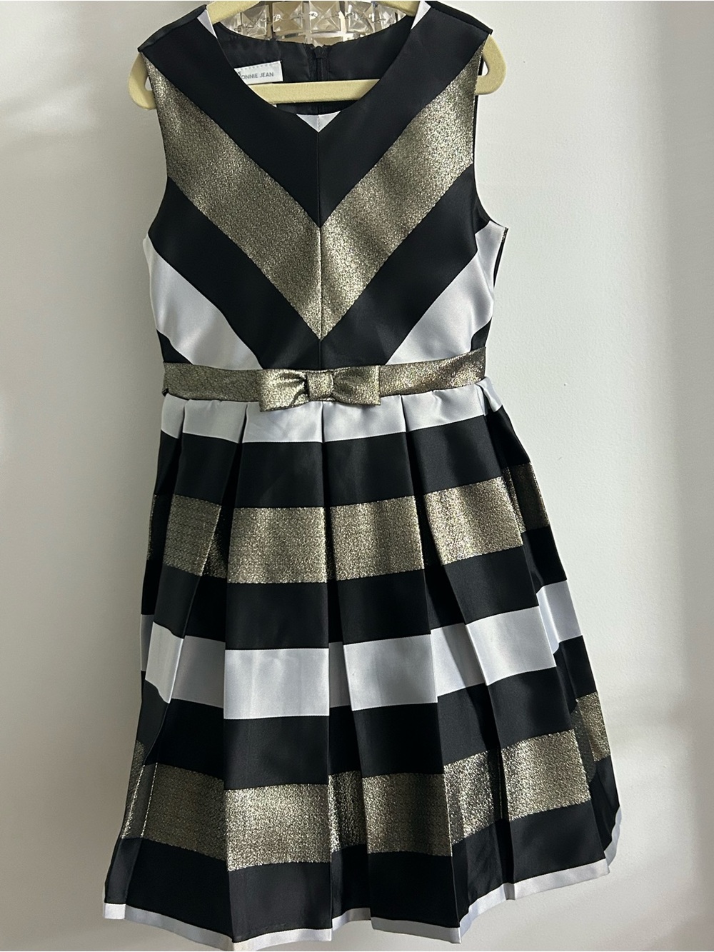 Bonnie Jean Black White and Gold Chevron Stripe Party Dress with Bow